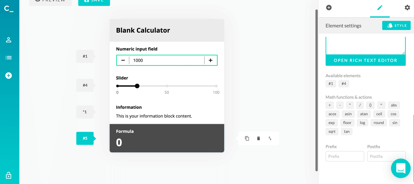 calconic calculator creation blank formula box