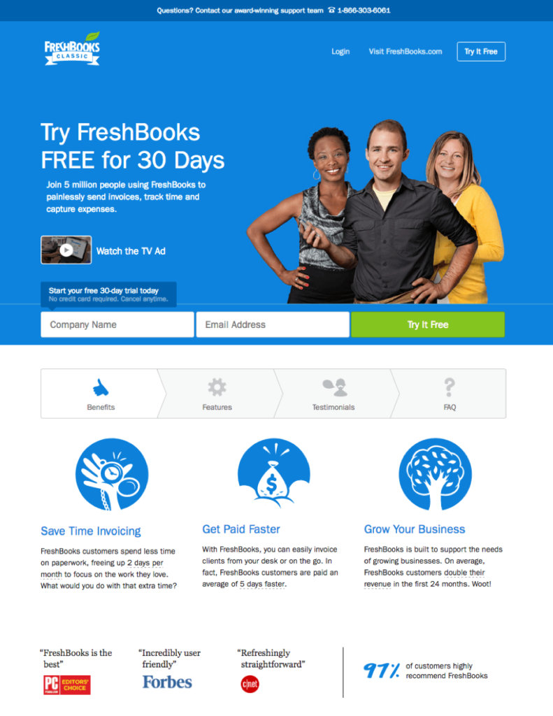 freshbooks landing page example