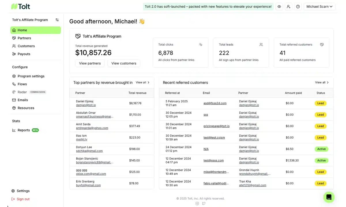 The Tolt dashboard.