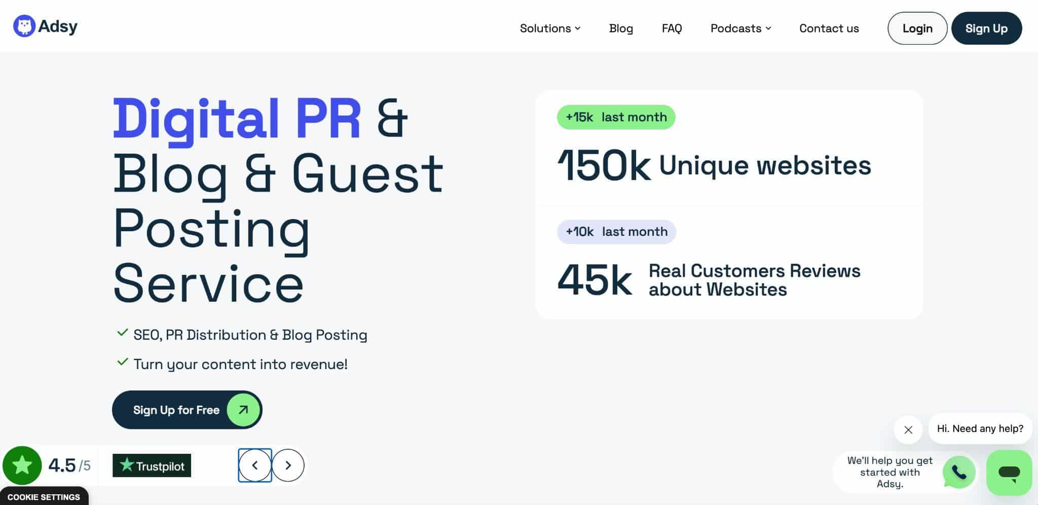 Adsy homepage 2026: Digital PR and blog and guest posting service with 150k unique websites