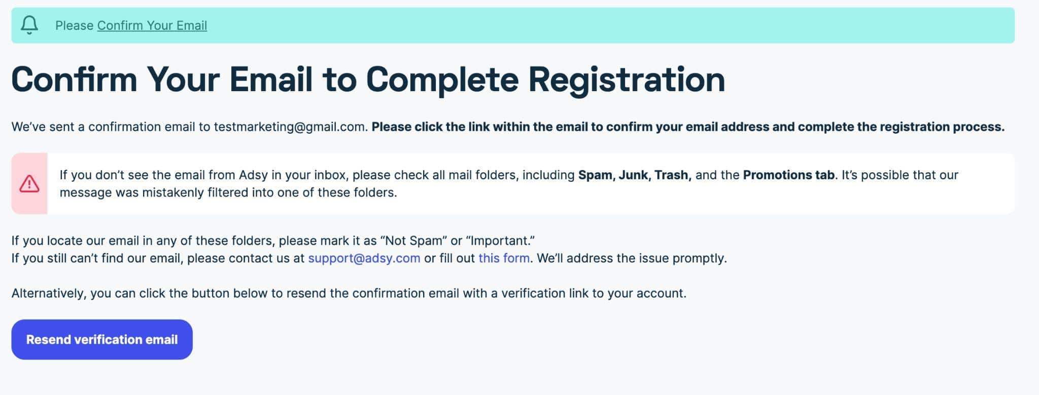 Adsy client panel asking to confirm your email address