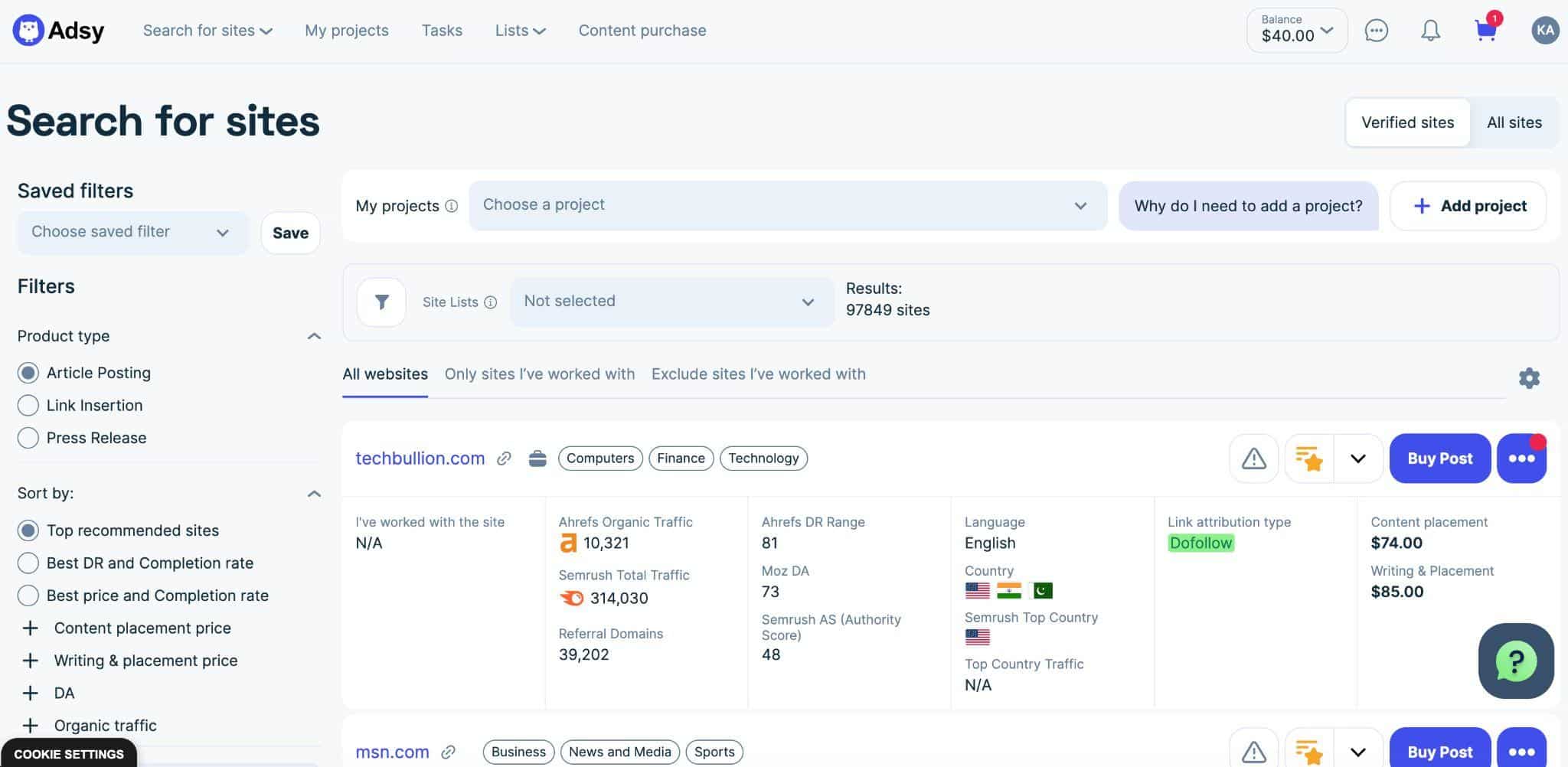 Adsy Search for sites page after login