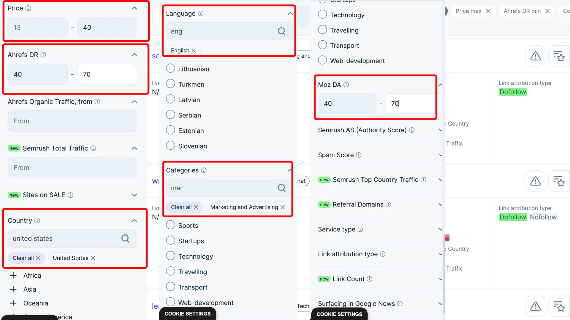 Adsy search filters: price, Ahrefs DR, Moz DA, language, categories and country