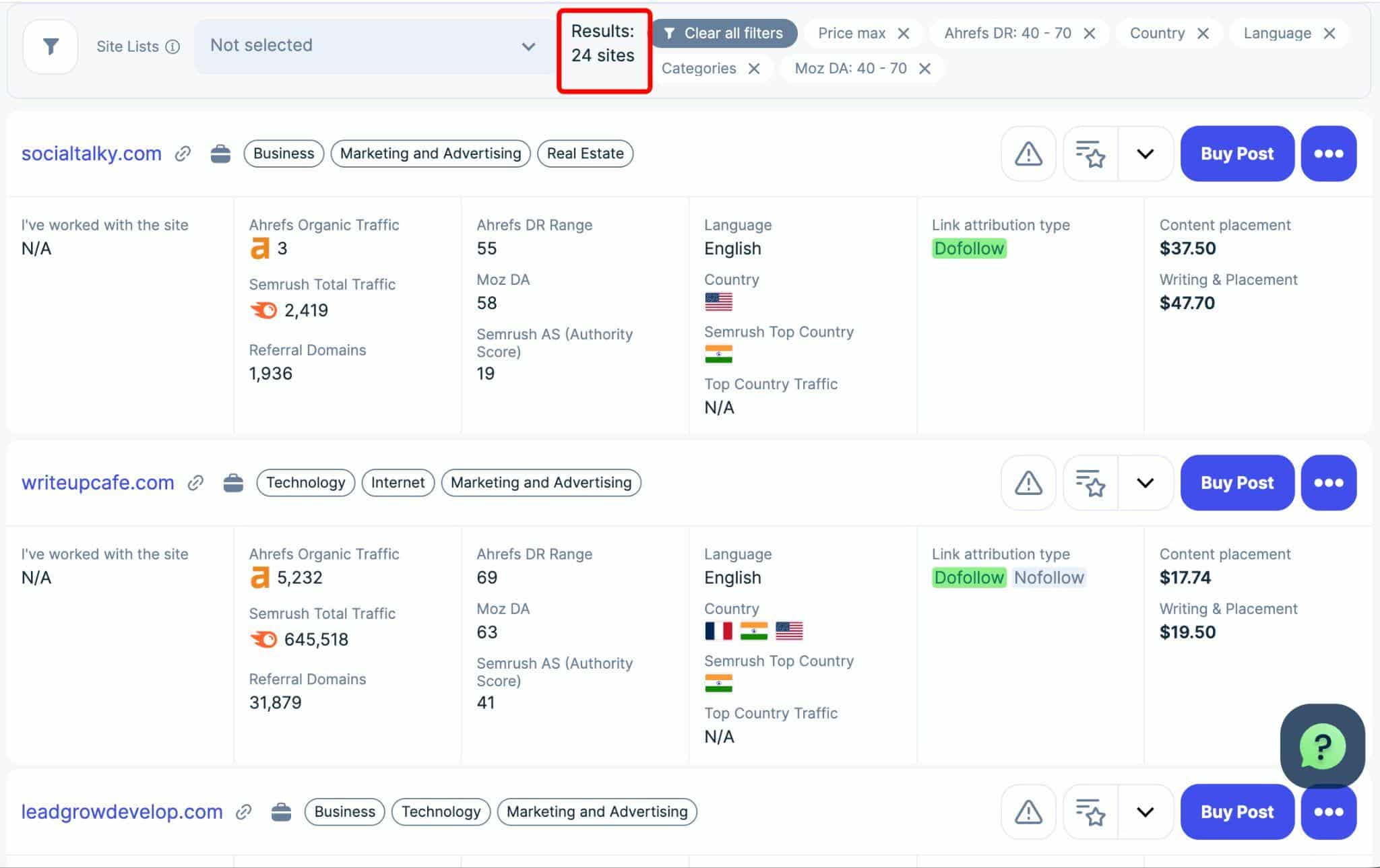 Adsy search results showing 24 sites including socialtalky.com