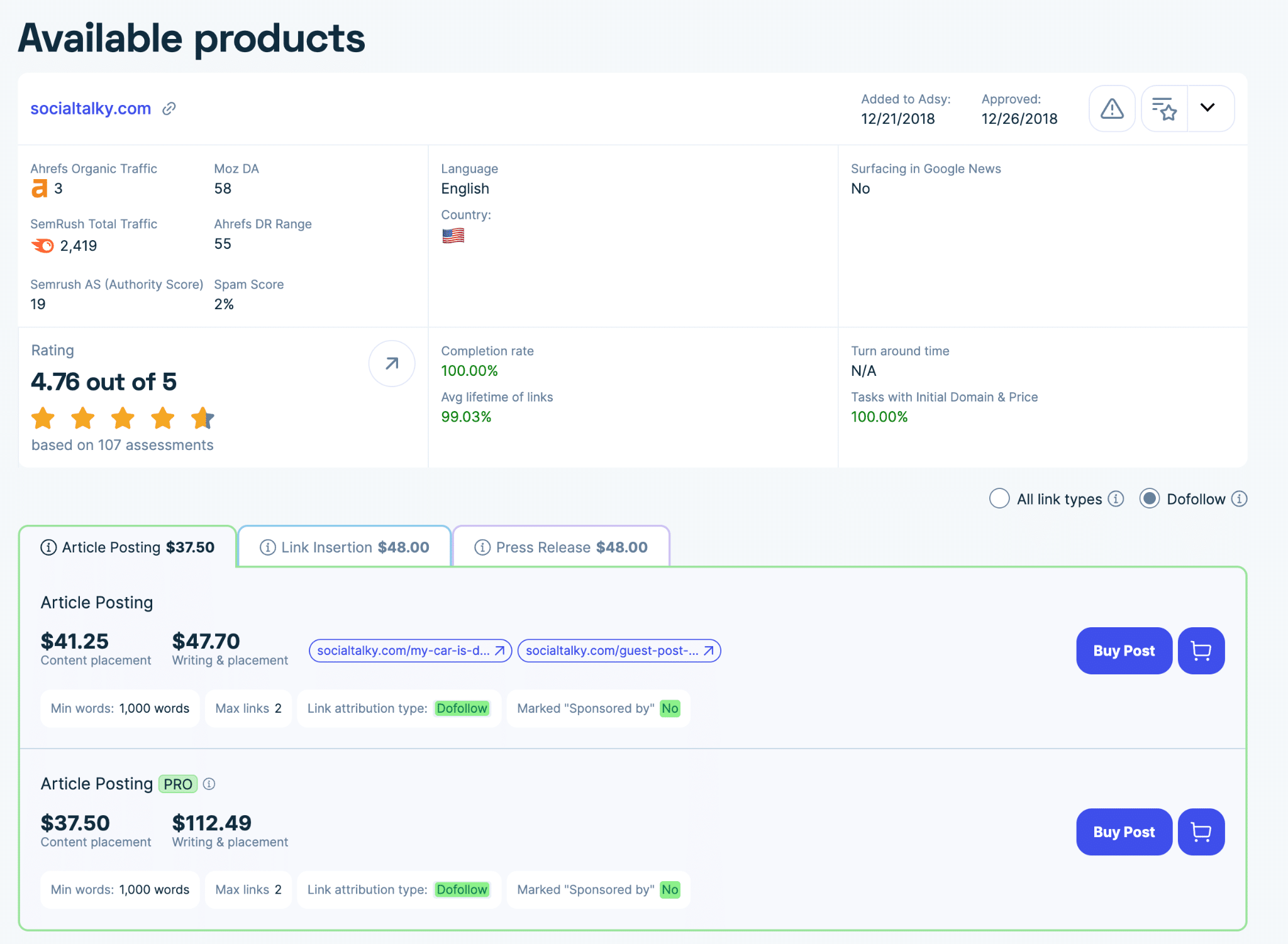 Adsy available products for a site: Article Posting and Article Posting PRO