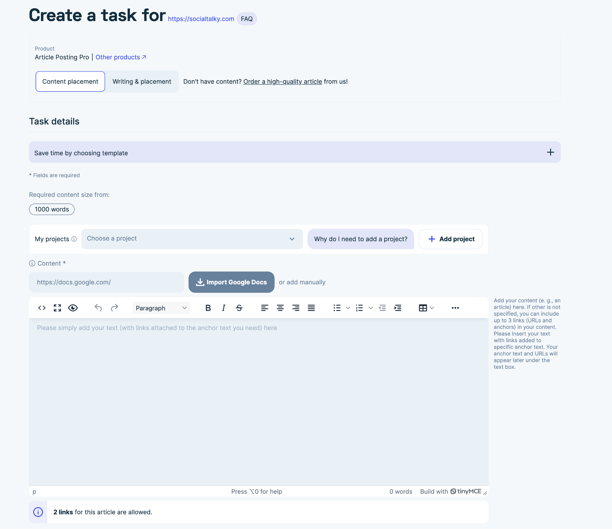 Adsy task creation page
