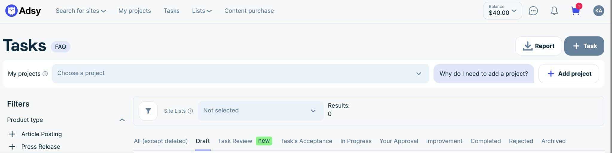Adsy Tasks overview grouped by status