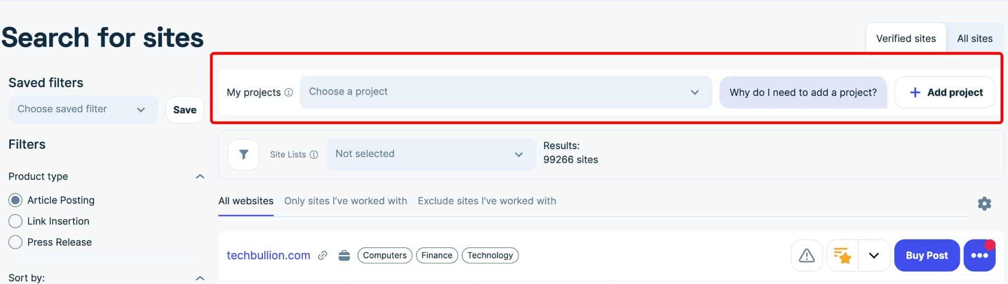 Adsy My projects box on the Search for sites page