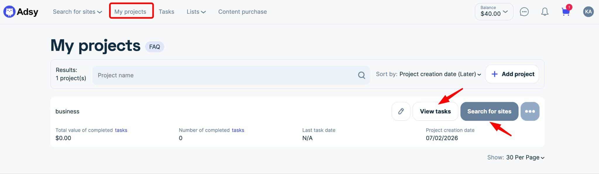 Adsy My projects menu with projects and assigned tasks