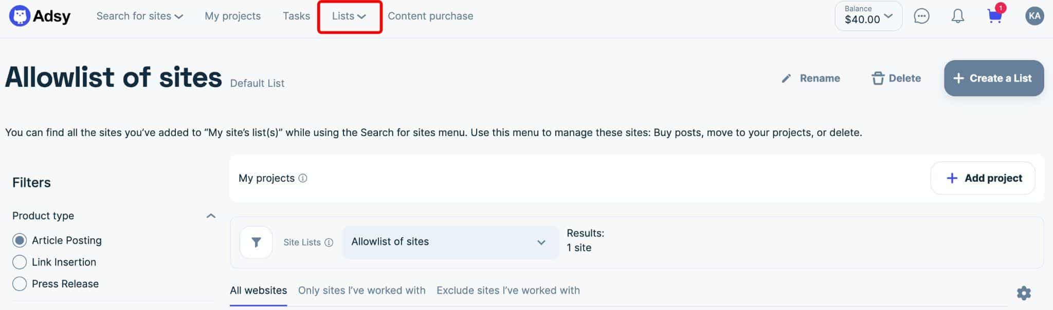 Adsy site lists