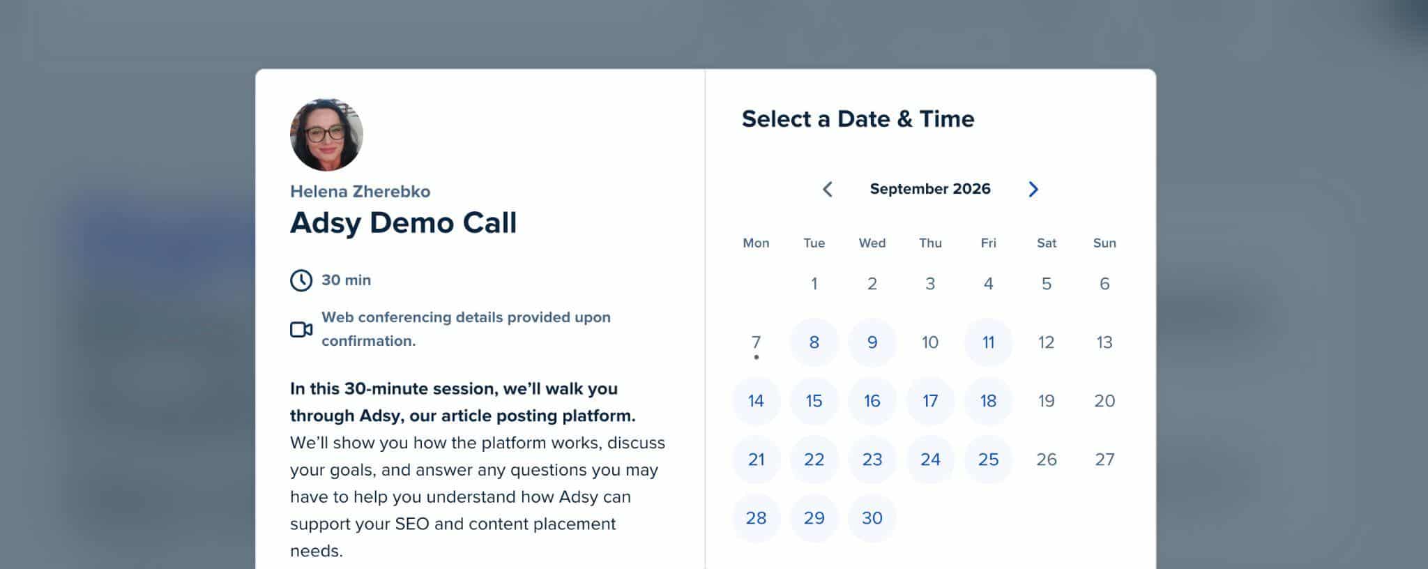 Adsy demo call booking calendar