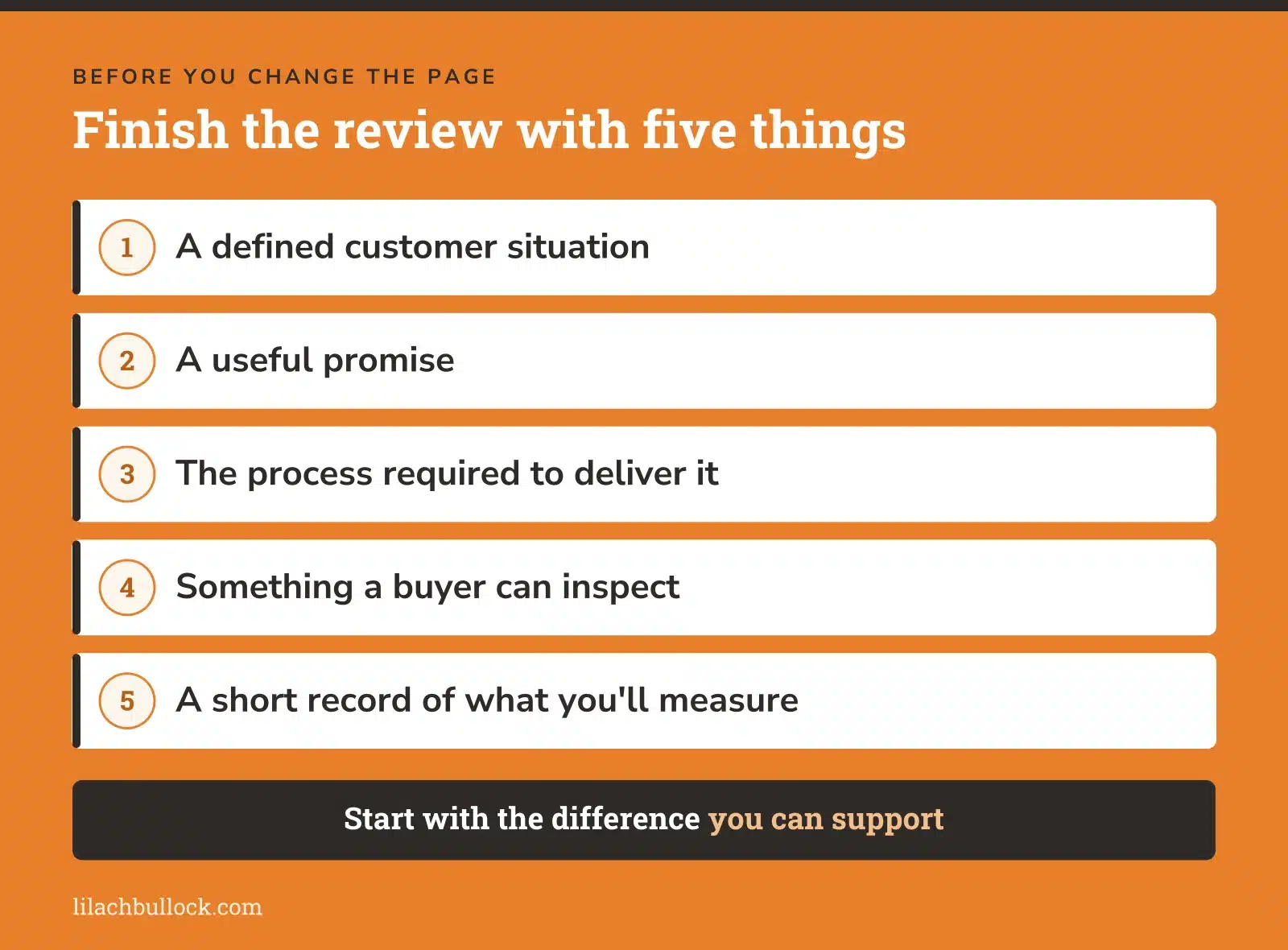 Five things to finish a differentiation review with, from a defined customer situation to a record of what you will measure