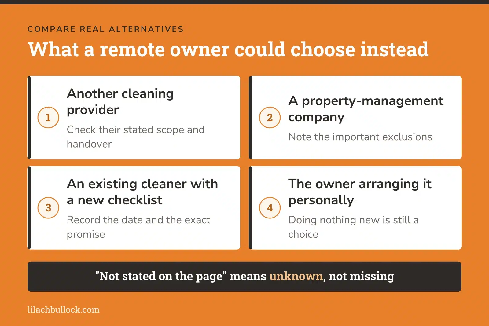 Four realistic alternatives a remote holiday-cottage owner could choose instead of a new cleaning service
