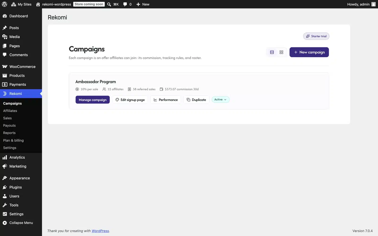 The Rekomi WordPress plugin campaigns screen inside wp-admin, showing a sample Ambassador Program campaign with its commission rate, affiliate count, referred sales and 30-day commission. Demo data from the official plugin listing.
