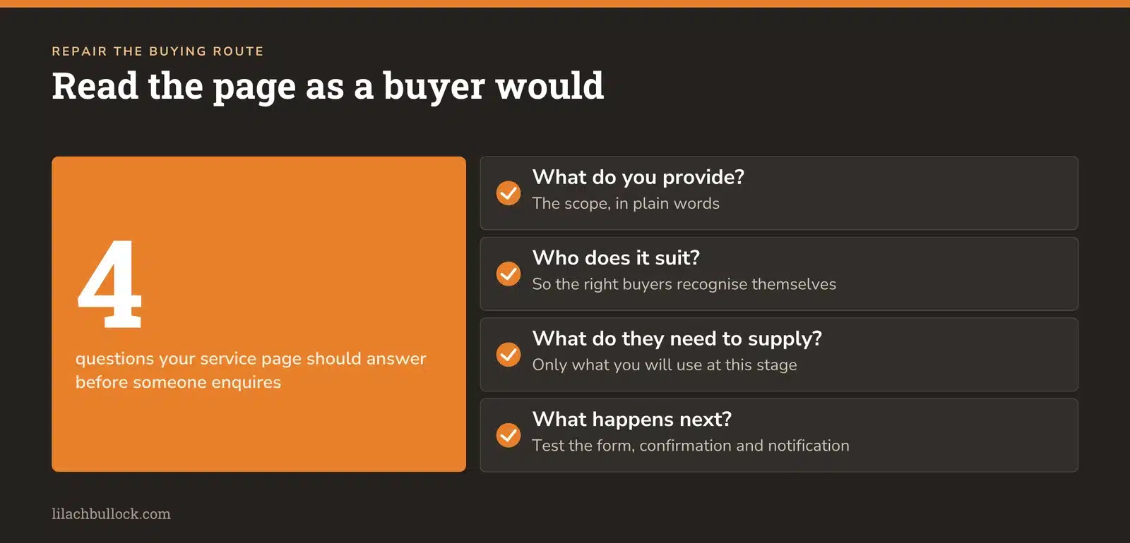 Four questions a service page must answer for a buyer, plus a phone test of the enquiry form