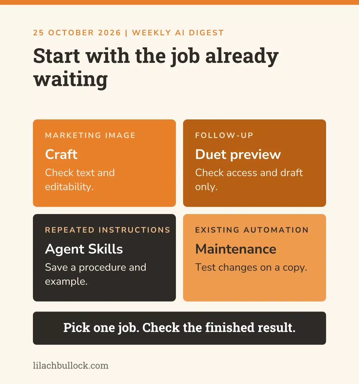 AI news this week for small business at a glance: start with the job already waiting, matching Canva Craft, the Claude Duet preview, Agent Skills and maintenance updates to a marketing image, follow-up, repeated instructions and existing automation