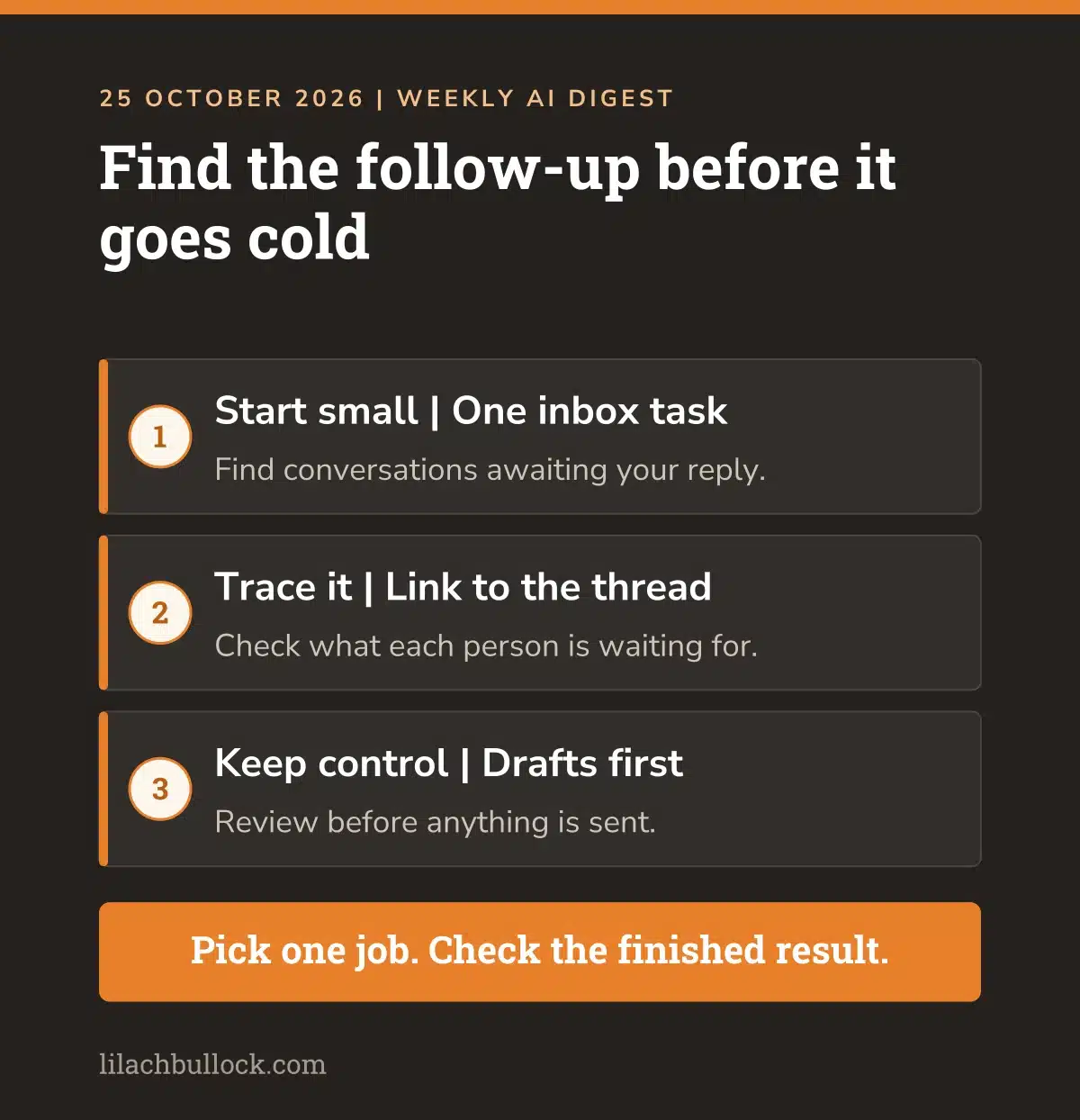 Claude Duet checklist to find the follow-up before it goes cold: start with one inbox task, link each item to its thread and keep control with drafts first