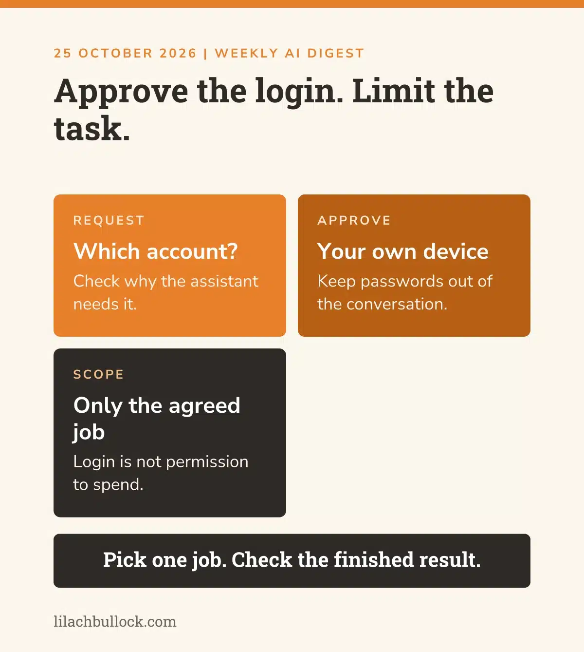 1Password for Agents checklist: check which account the assistant requests, approve on your own device and limit it to the agreed job