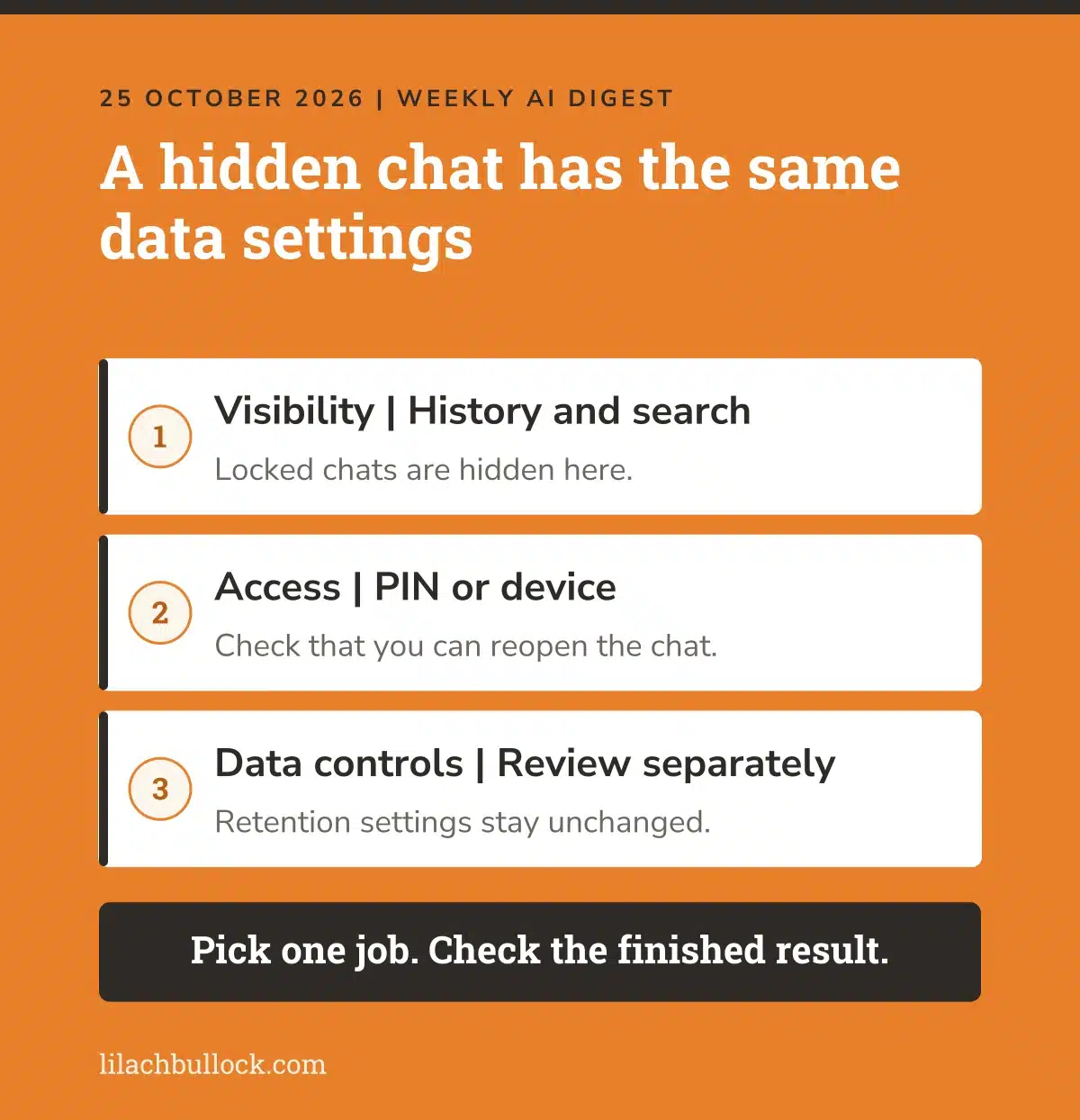 ChatGPT locked chats checklist: hidden from history and search, reopened with a PIN or device, data controls reviewed separately