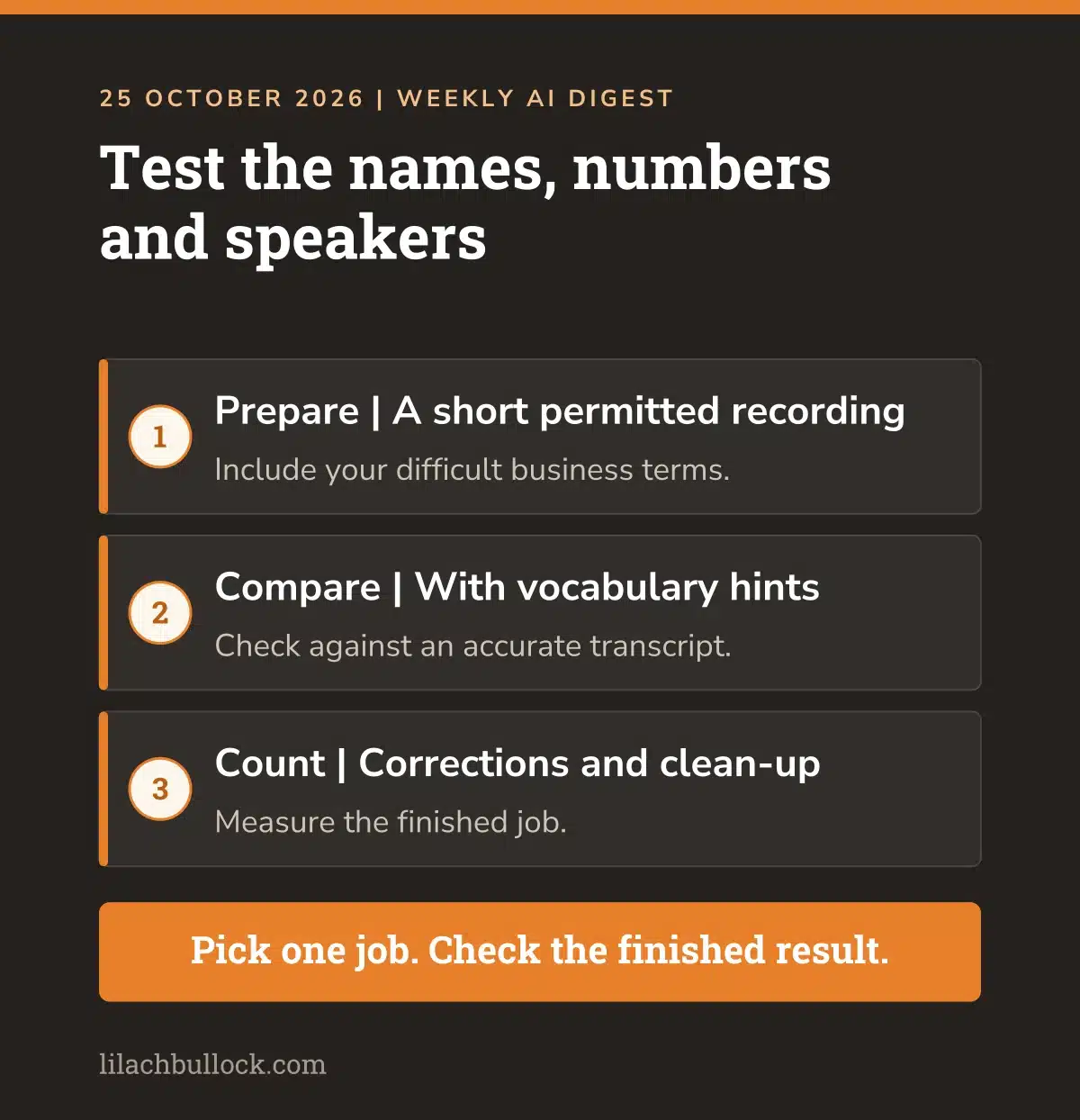 Voxtral 3 transcription test: use a short permitted recording, compare with vocabulary hints and count corrections and clean-up time
