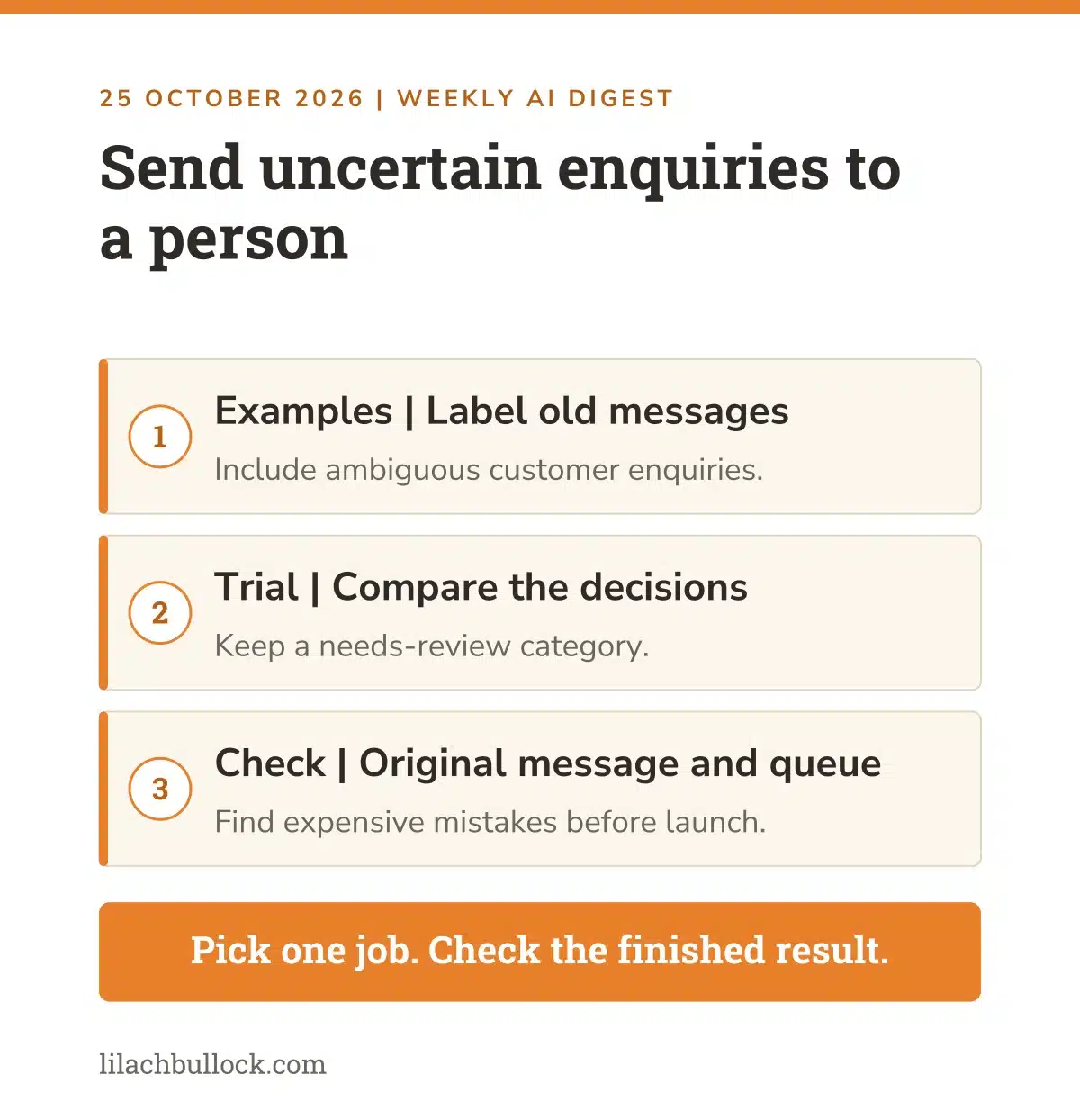 Decisions API enquiry routing checklist: label old messages, compare decisions with a needs-review category and check the original message and queue