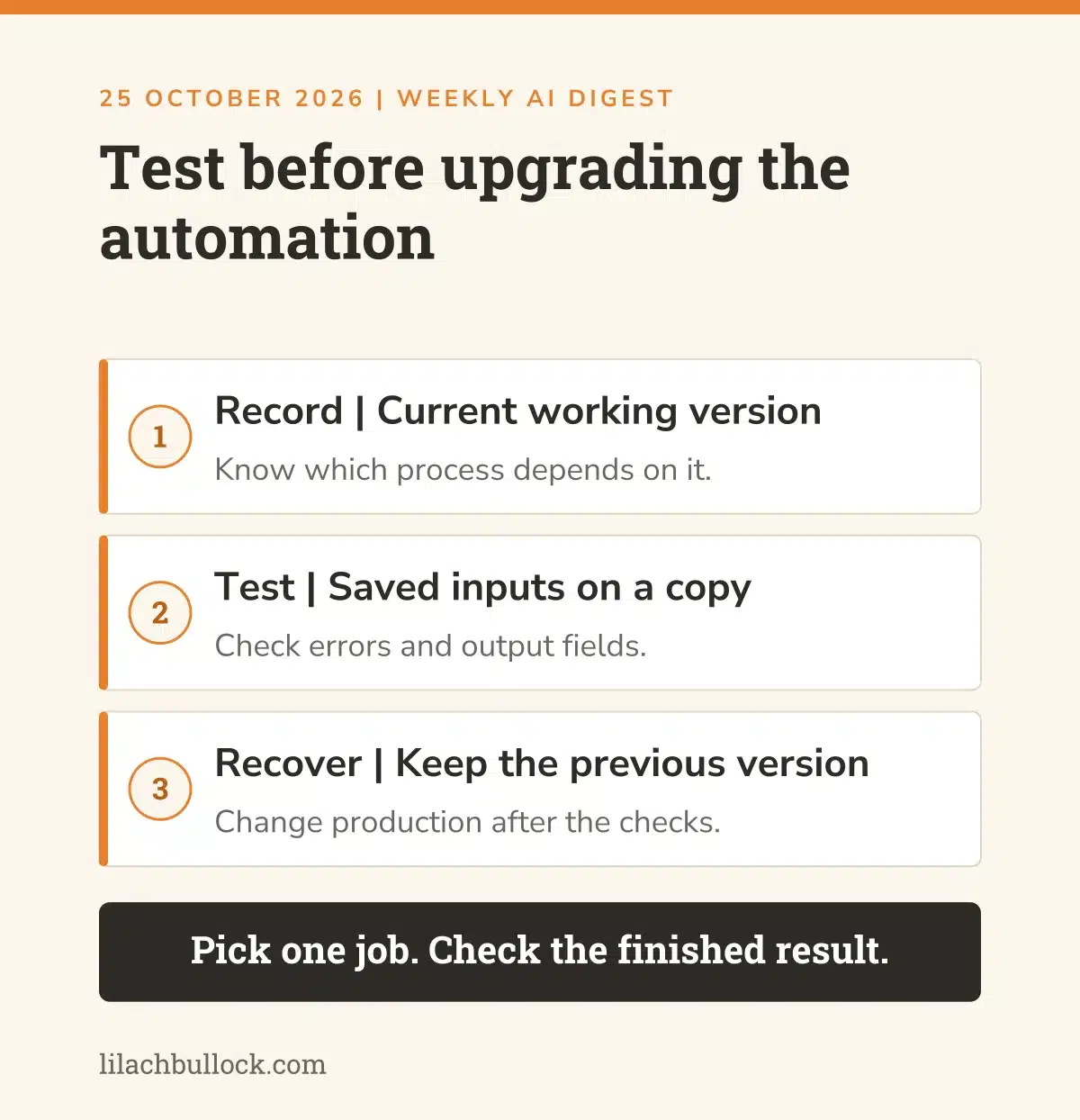 Claude API upgrade checklist: record the current working version, test saved inputs on a copy and keep the previous version for recovery