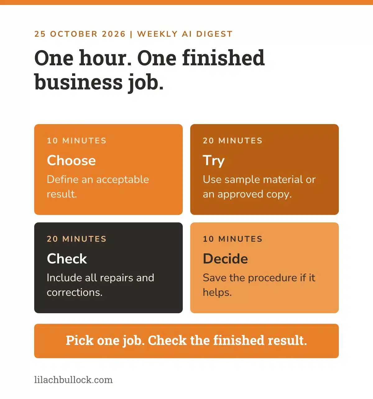 One-hour AI action plan: 10 minutes to choose, 20 to try, 20 to check and 10 to decide on one finished business job