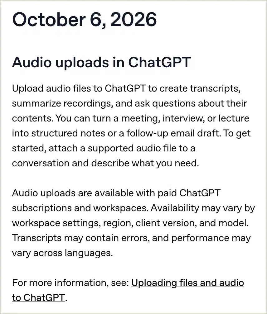 OpenAI ChatGPT release notes entry for audio uploads on 6 October 2026, available with paid subscriptions and workspaces