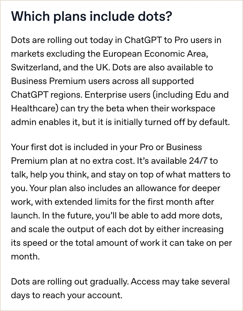 OpenAI help centre answer on which plans include dots, excluding Pro users in the UK, EEA and Switzerland at launch