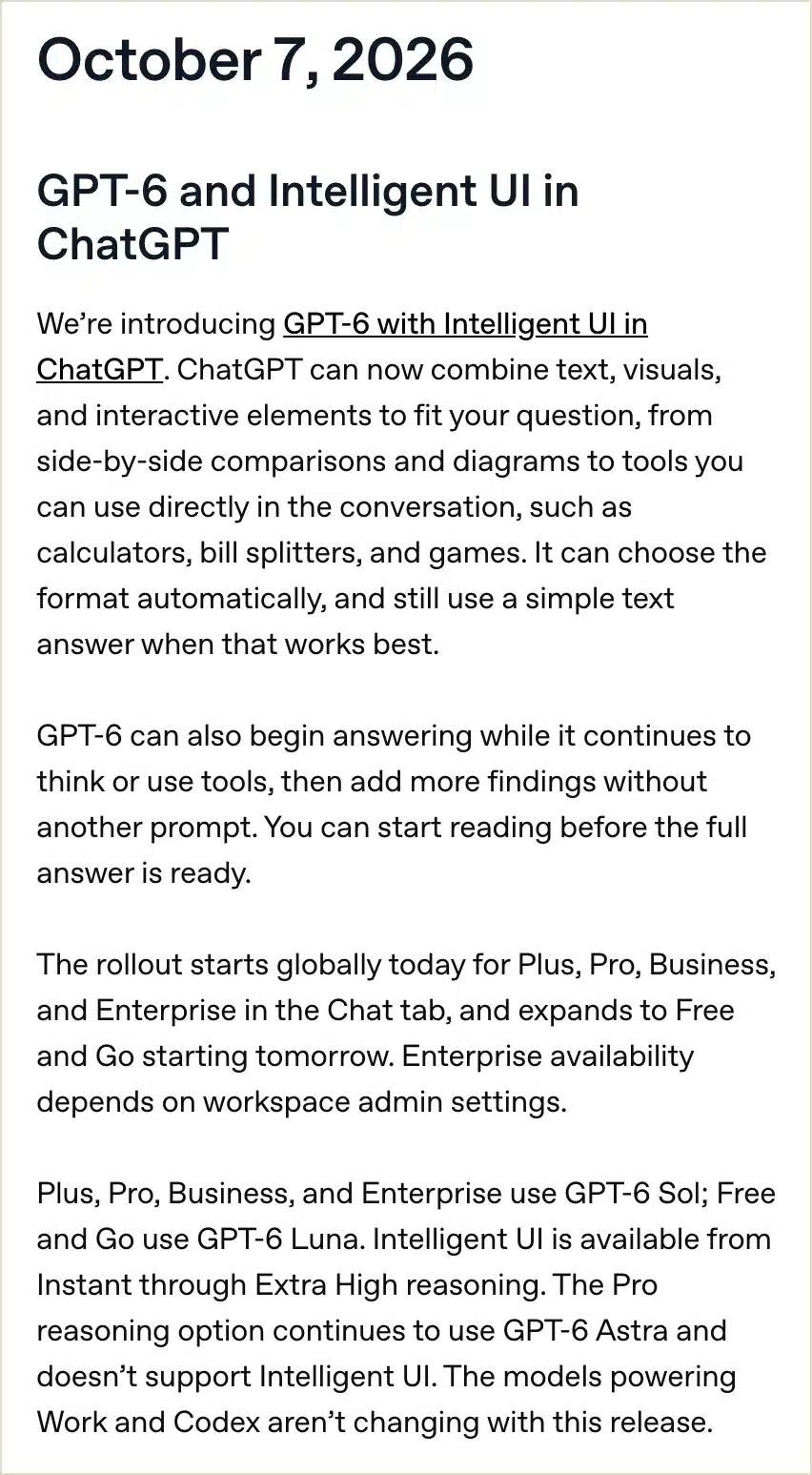 OpenAI ChatGPT release notes entry for GPT-6 and Intelligent UI on 7 October 2026, including which plans get it first