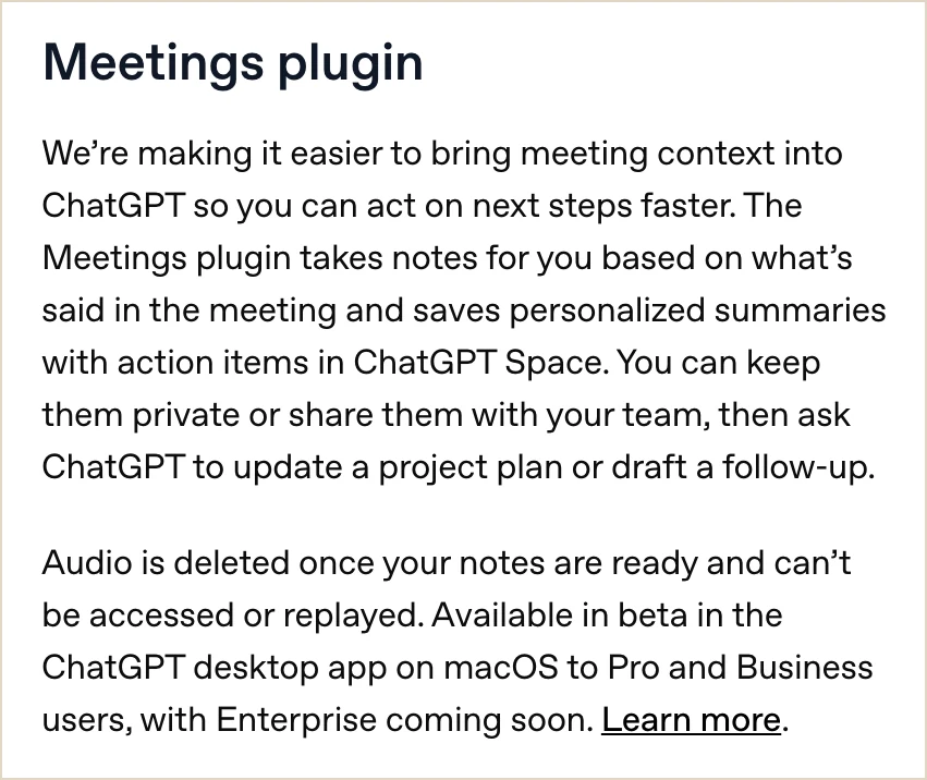 OpenAI ChatGPT release notes entry for the Meetings plugin, noting audio is deleted once notes are ready