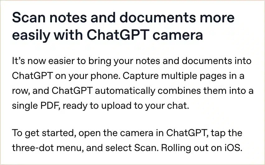 OpenAI ChatGPT release notes entry for Scan in the ChatGPT camera, combining several pages into one PDF on iOS