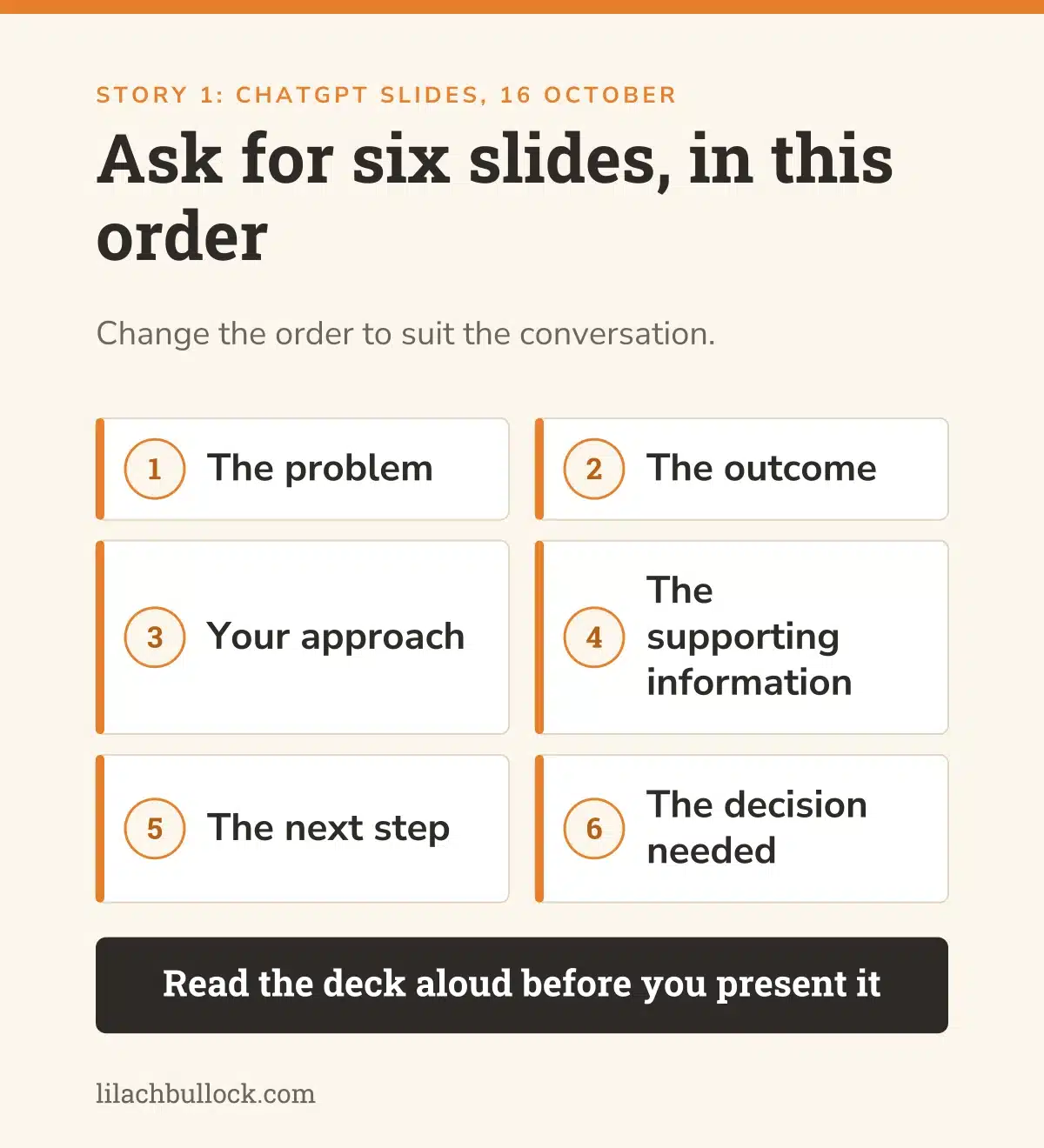 Six slides to ask ChatGPT Slides for when turning an approved document into a presentation