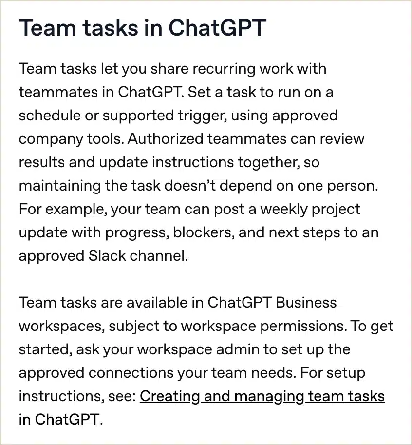 OpenAI ChatGPT Business release notes entry for team tasks that run on a schedule or supported trigger