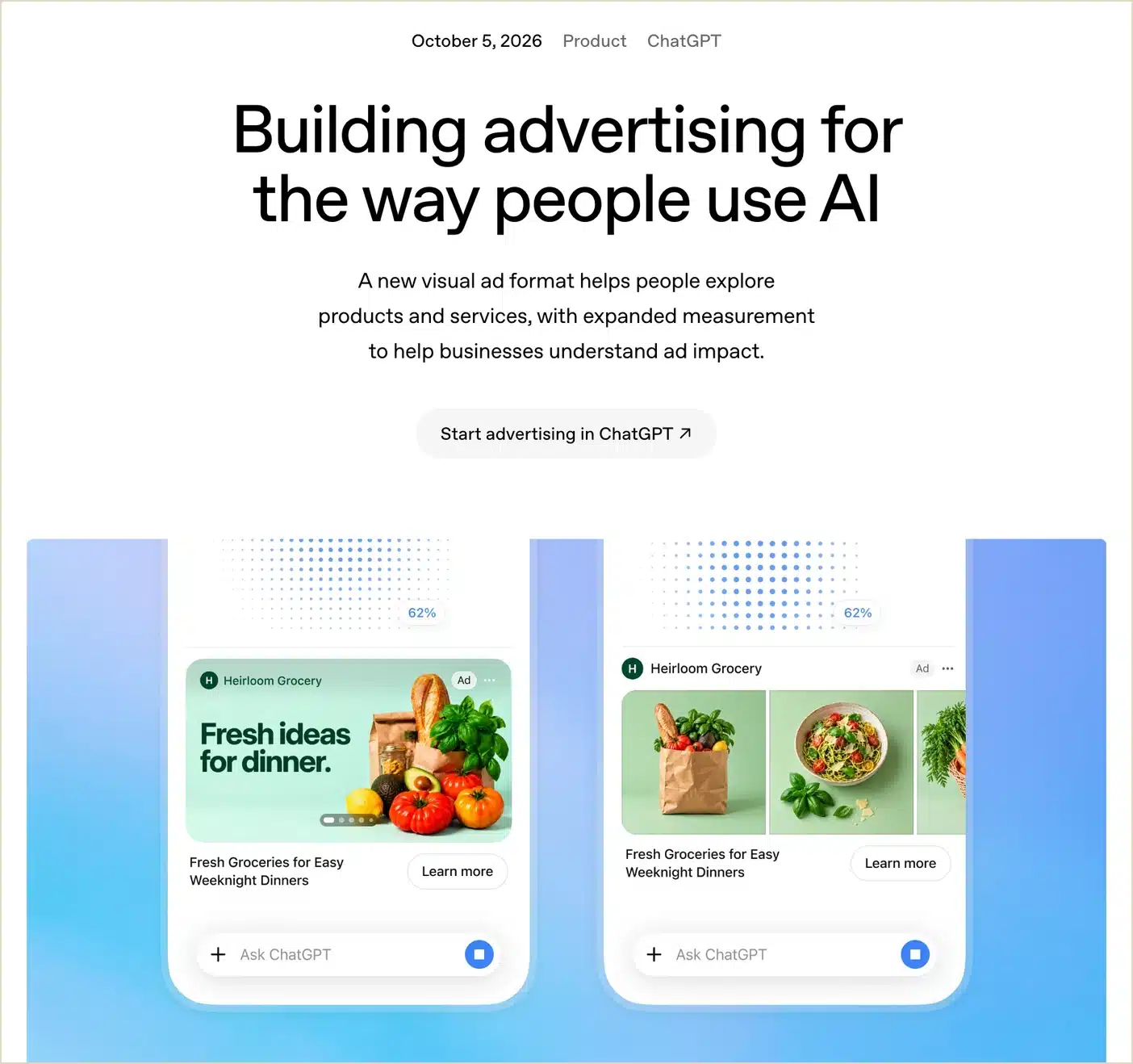OpenAI's official preview image of a visual ad in ChatGPT, from its 5 October 2026 advertising announcement