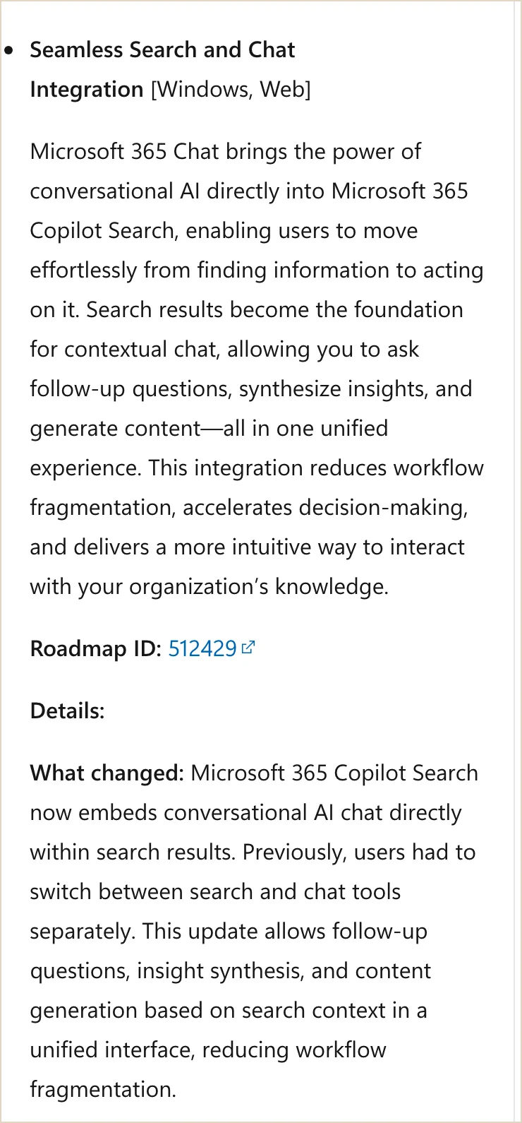Microsoft 365 Copilot release notes entry for search and chat integration on Windows and web