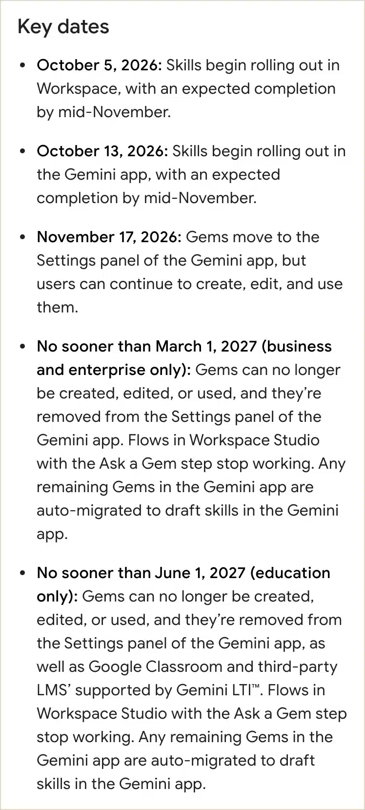 Google Workspace Updates key dates for skills and the Gems transition, from 5 October 2026 to no sooner than 1 March 2027