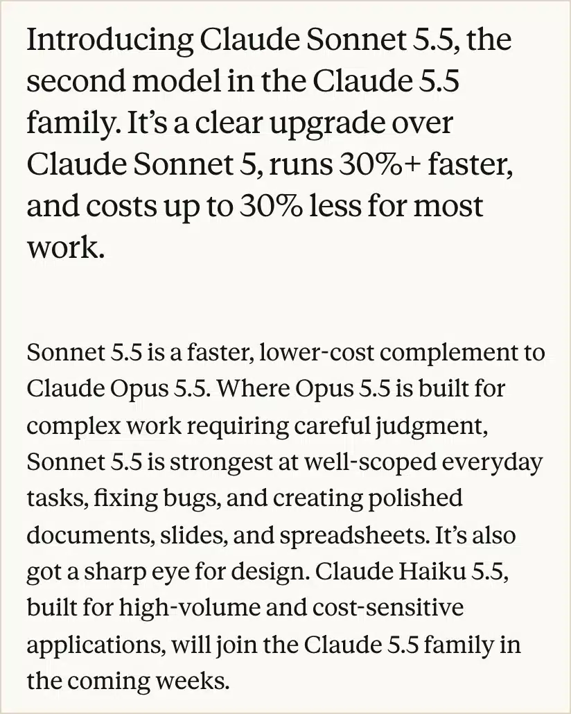 Anthropic's Claude Sonnet 5.5 announcement describing it as strongest at everyday tasks and polished documents, slides and spreadsheets