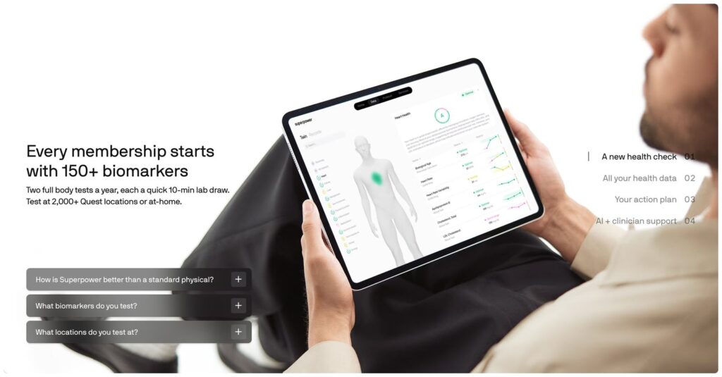 Superpower dashboard on a tablet showing heart health biomarkers and trends
