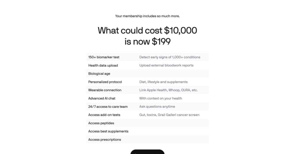 Everything included in a Superpower membership, from biomarker testing to AI chat and care team access