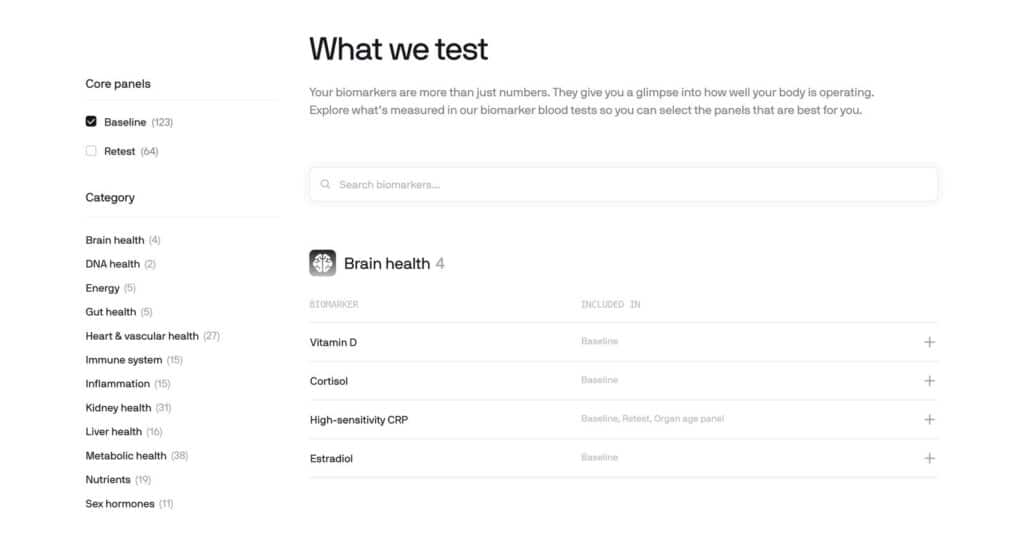 Superpower biomarker library filtered by baseline panel and health category