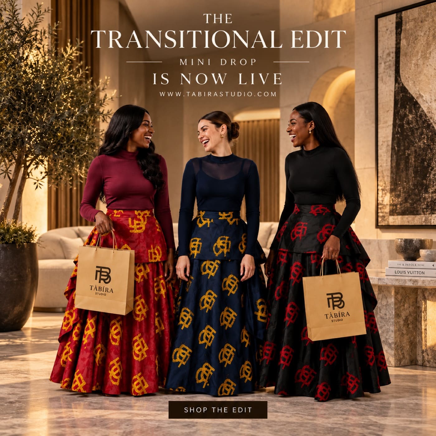 The Transitional Edit mini drop from TÀBÍRA Studio, three women in monogram print maxi skirts