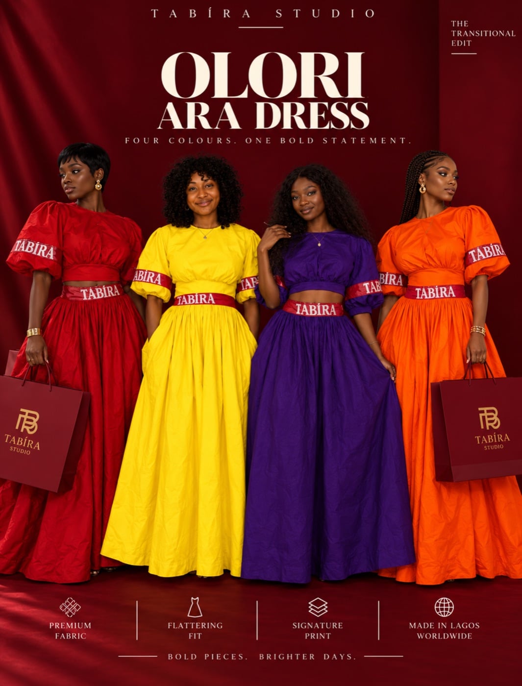The Olori Ara Dress from TÀBÍRA Studio in red, yellow, purple and orange