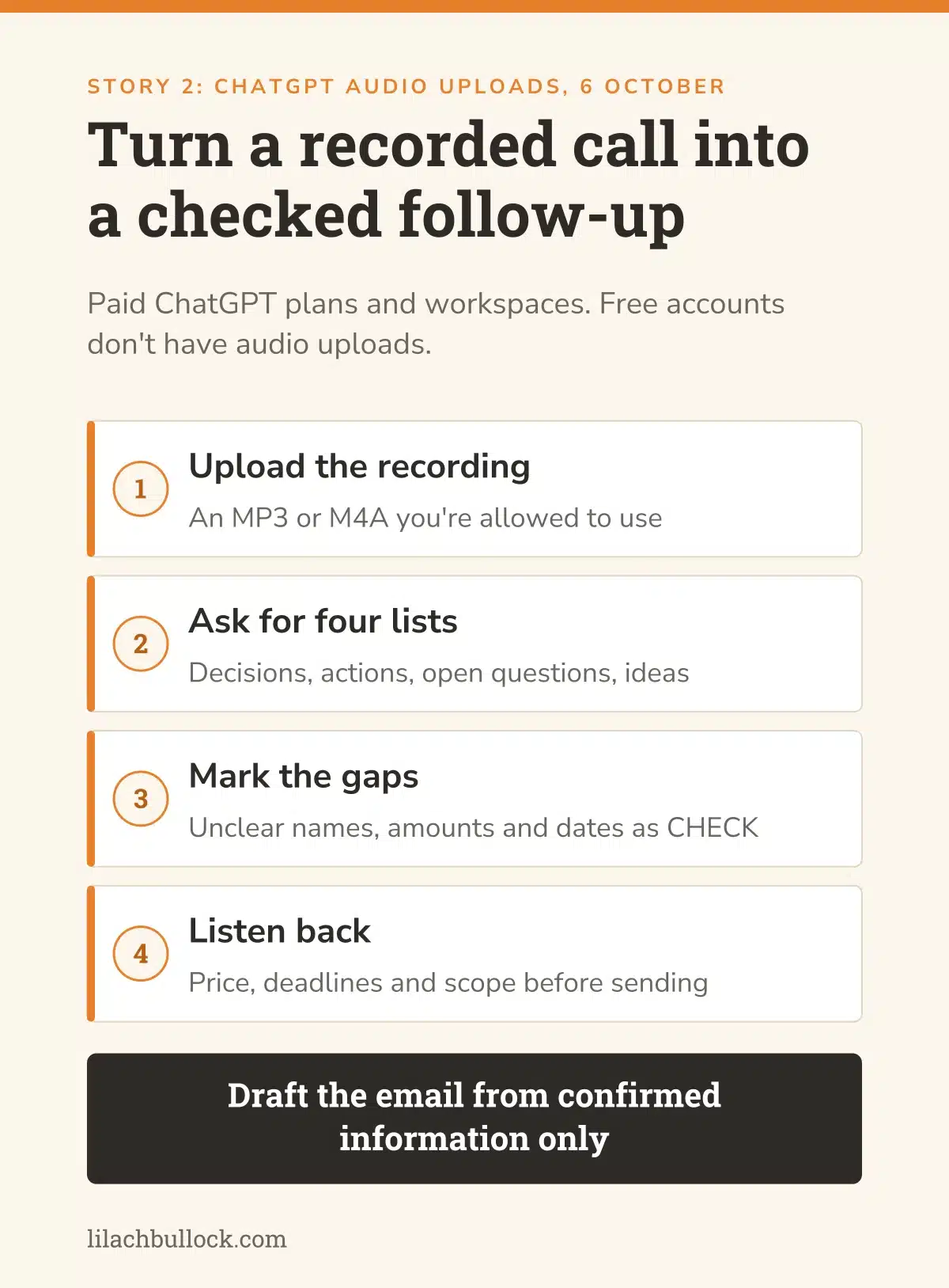 Four steps to turn a recorded call into a checked follow-up email with ChatGPT audio uploads